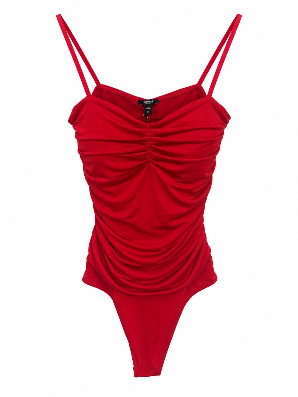 Express Red Ruched Thong Bodysuit Body Contour Double Spaghetti Straps X Small